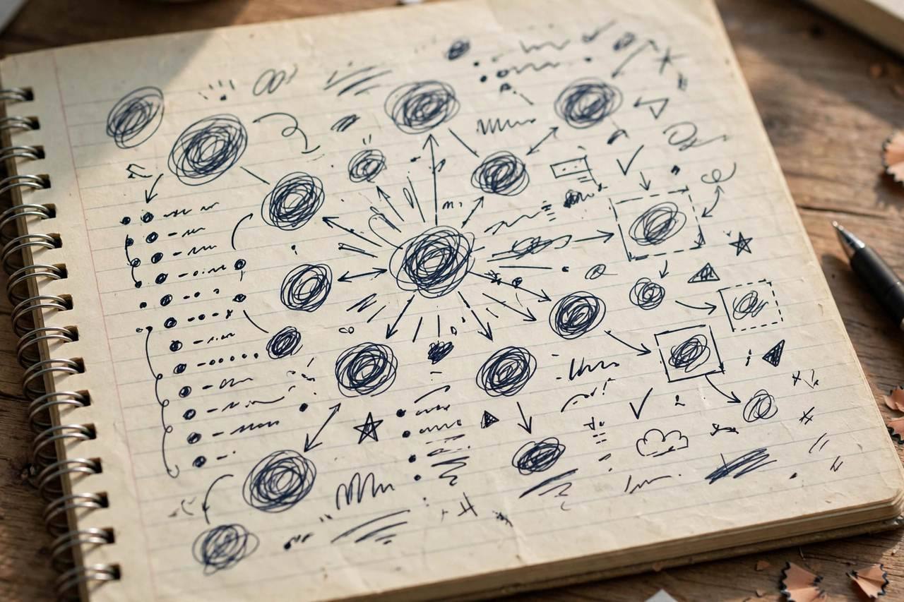 Close-up of a notebook page filled with blog topic ideas and keyword notes