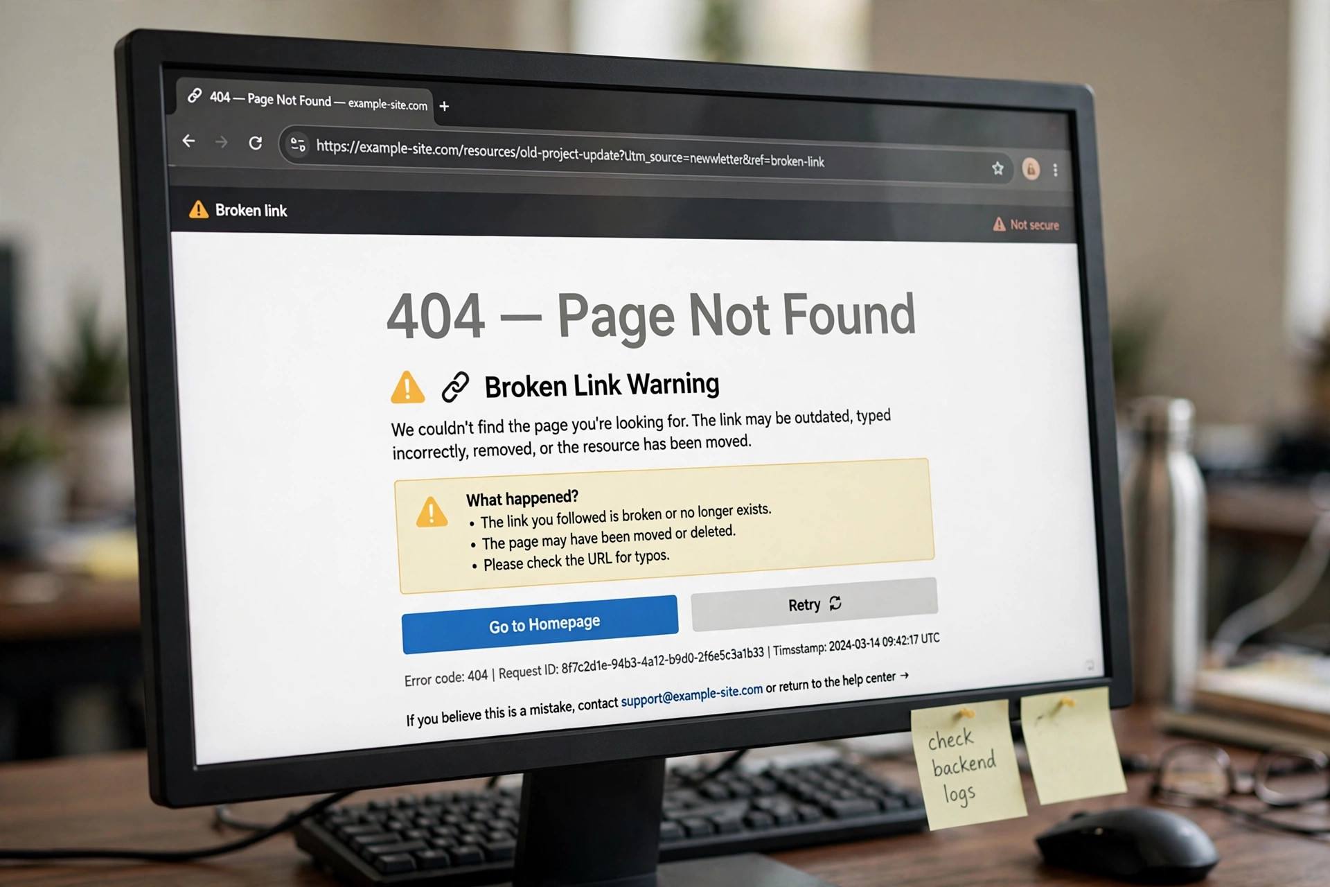 Computer screen displaying a 404 error page with a broken link warning