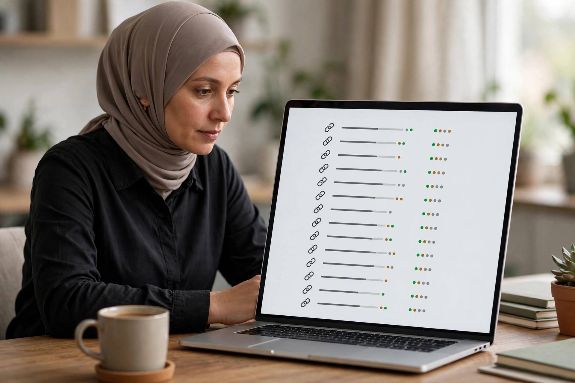 Person reviewing a website audit report on a laptop showing lists of links