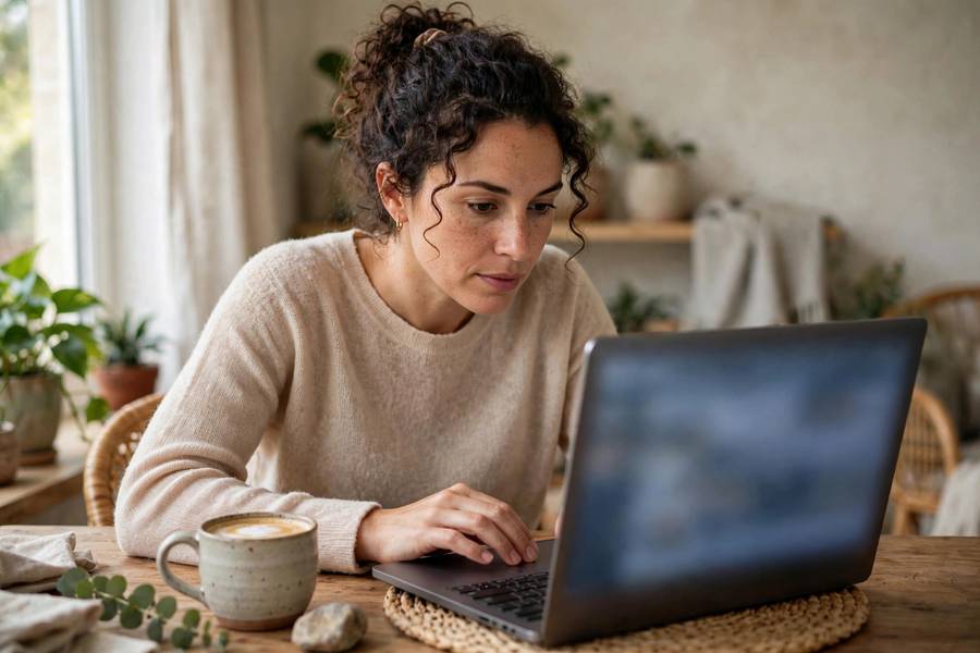 Entrepreneur searching business listings on a laptop at home