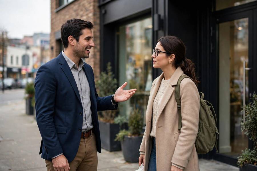 Business broker showing commercial properties to a buyer