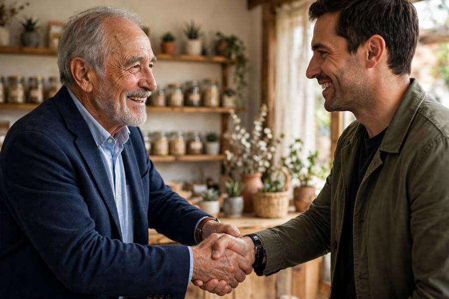 Handshake between business buyer and retiring owner
