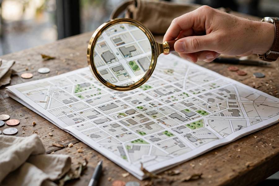 Magnifying glass over local business district map
