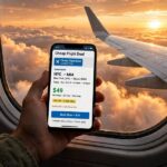 An airplane wing at sunset with a phone showing a cheap flight deal — tips on how to find cheap flights