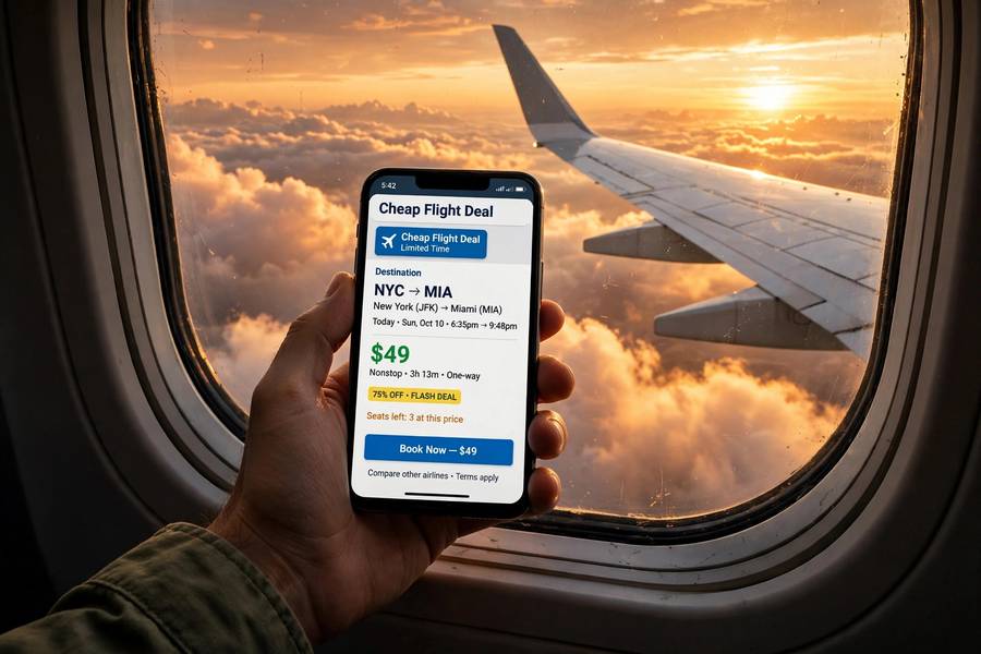 An airplane wing at sunset with a phone showing a cheap flight deal — tips on how to find cheap flights