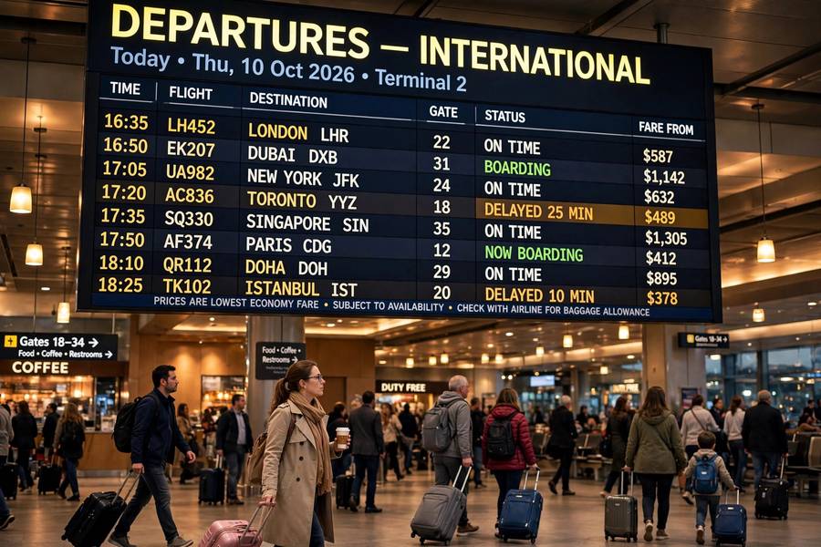 Airport departure board with flight listings, part of a guide on how to find cheap flights