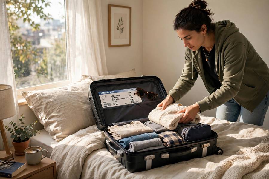 A traveler packing a carry-on with passport and boarding pass, from a guide on how to find cheap flights