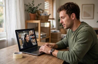 Business owner video calling a dropshipping supplier in a home office