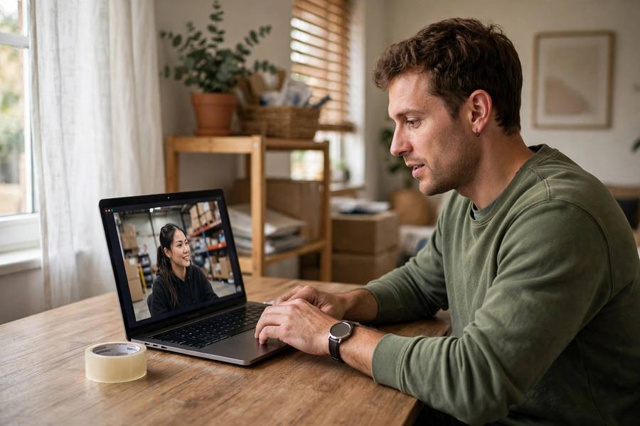 Business owner video calling a dropshipping supplier in a home office