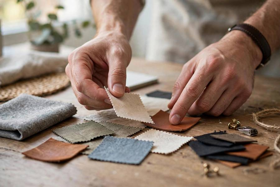 Hands inspecting product samples from a potential supplier on a desk