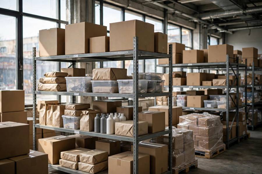 Warehouse shelves stocked with products from verified suppliers