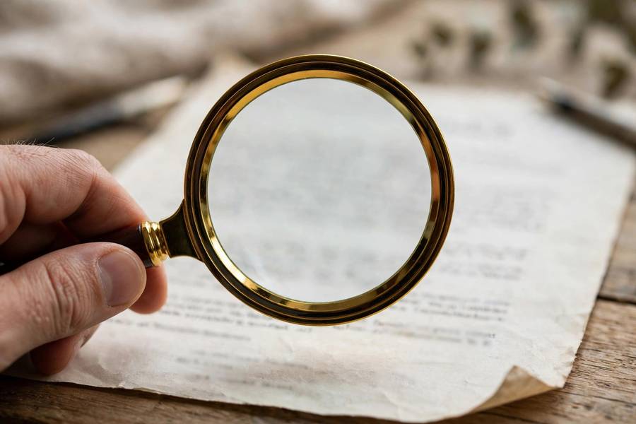 Close-up of a supplier contract being reviewed with a magnifying glass