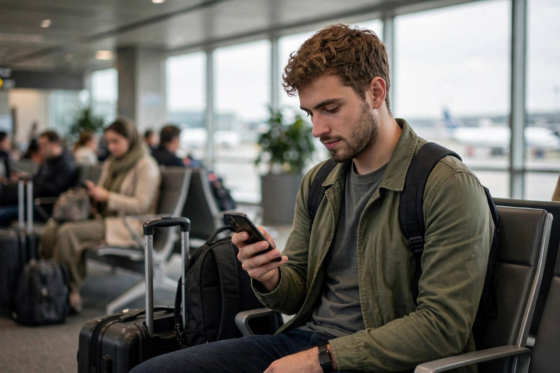 Traveler booking a last minute hotel deal on a smartphone at an airport
