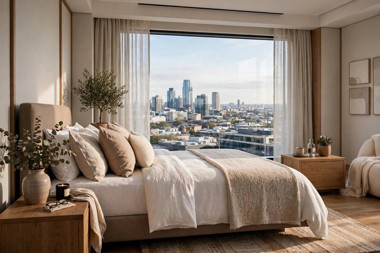 Beautiful hotel room interior with a comfortable bed and city view