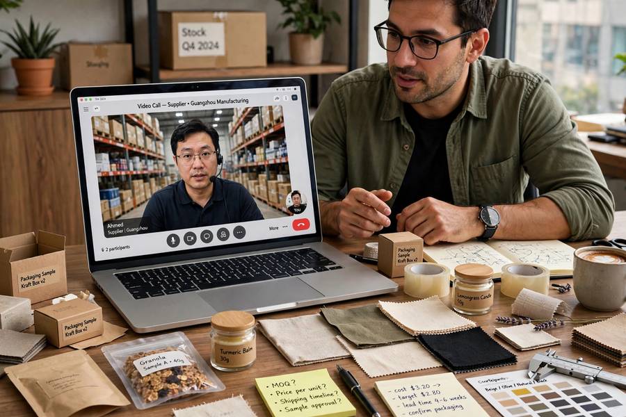 Discussing products with a supplier on video call, part of how to find suppliers for subscription box