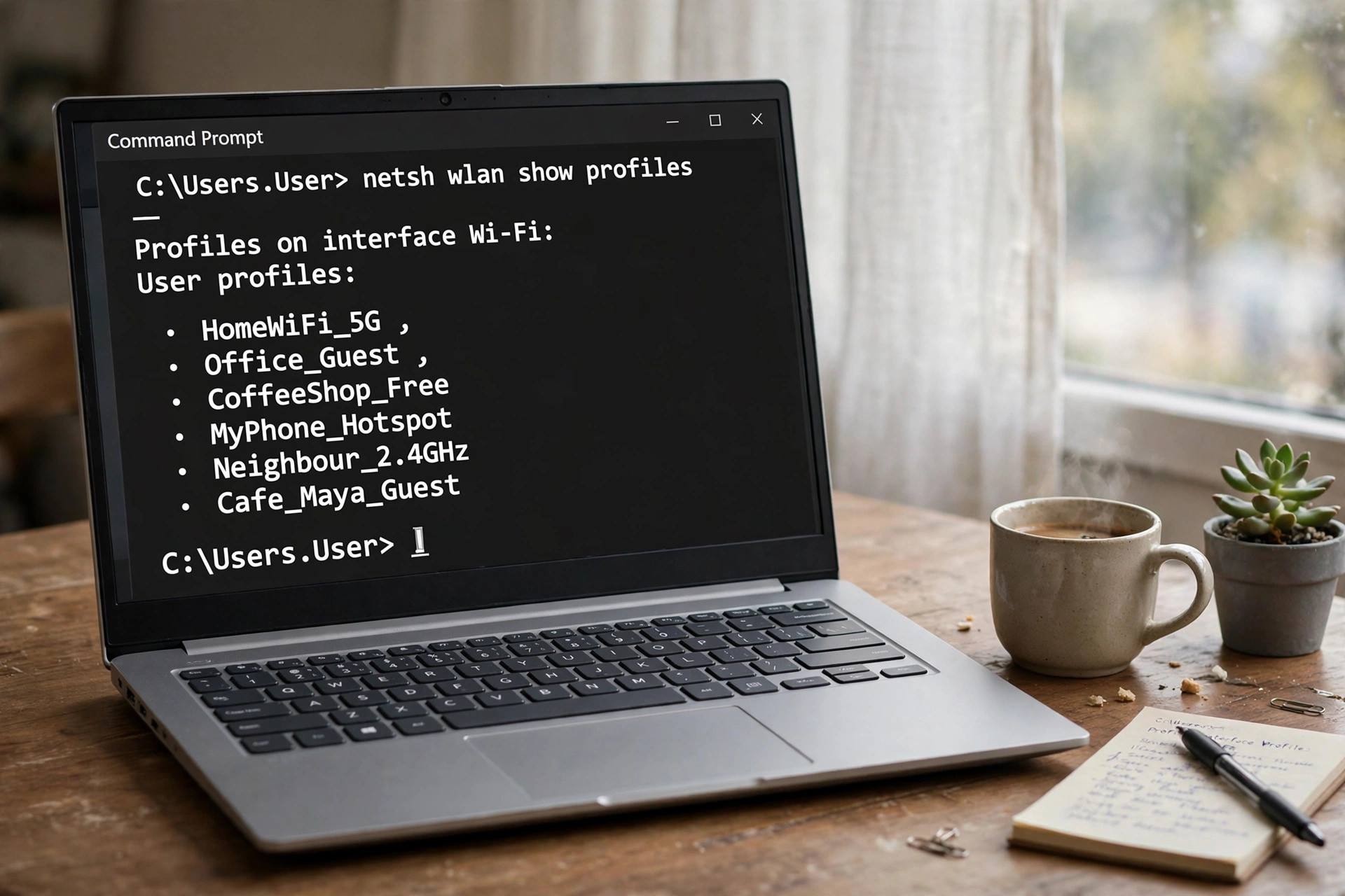 Command Prompt on Windows 11 displaying saved Wi-Fi network profiles
