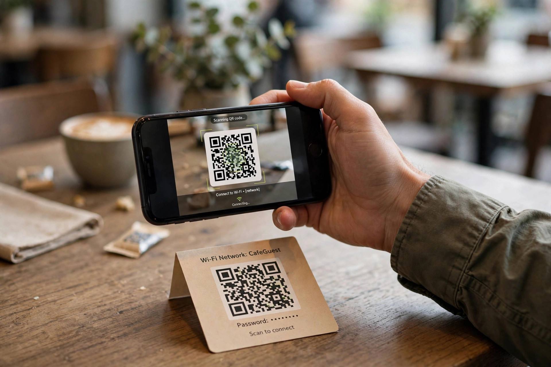 Hand holding a smartphone scanning a Wi-Fi QR code to connect