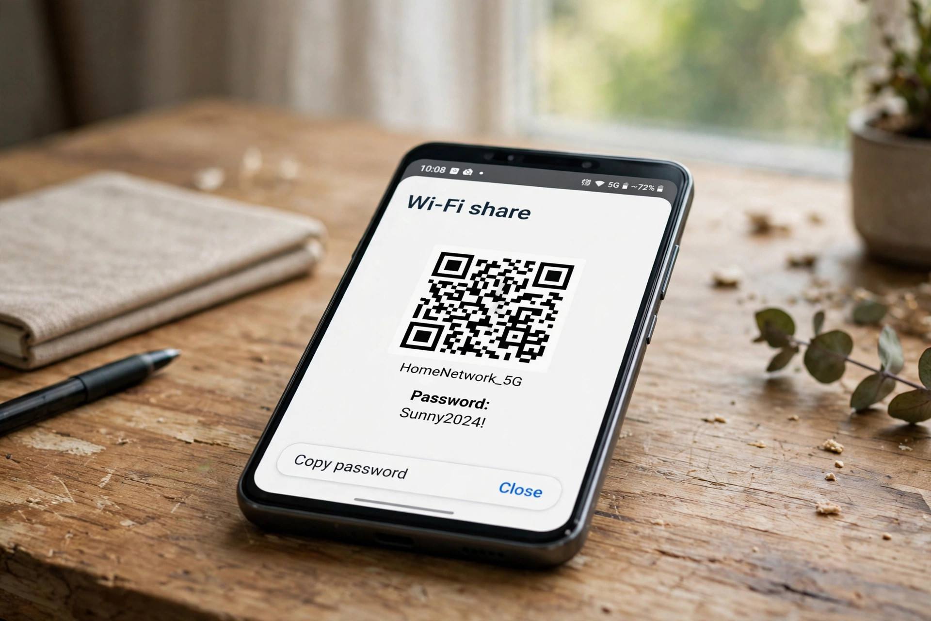 Android phone showing Wi-Fi QR code share screen with password visible