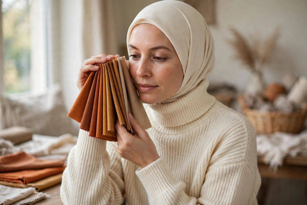 Woman in a modest cream sweater holding warm-toned fabric swatches near her face in soft daylight