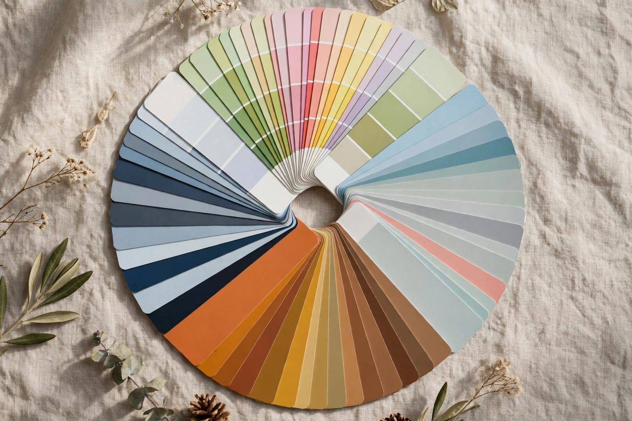 Four-season color palette fan arranged in a circle showing spring, summer, autumn, winter swatches