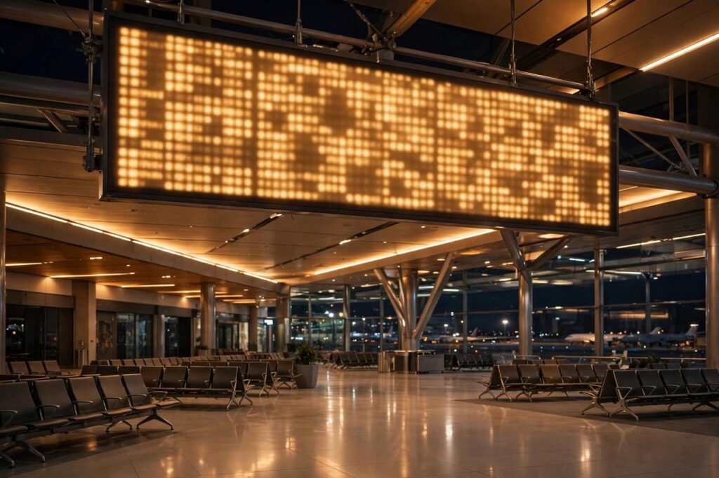 A large airport departure board with flight information above a busy terminal