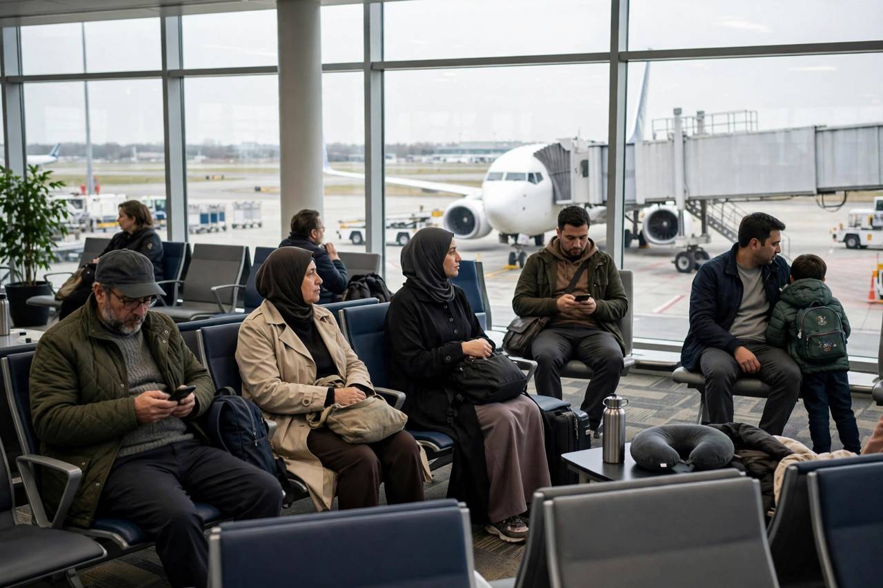Airport gate seating area with travelers in modest clothing waiting to board