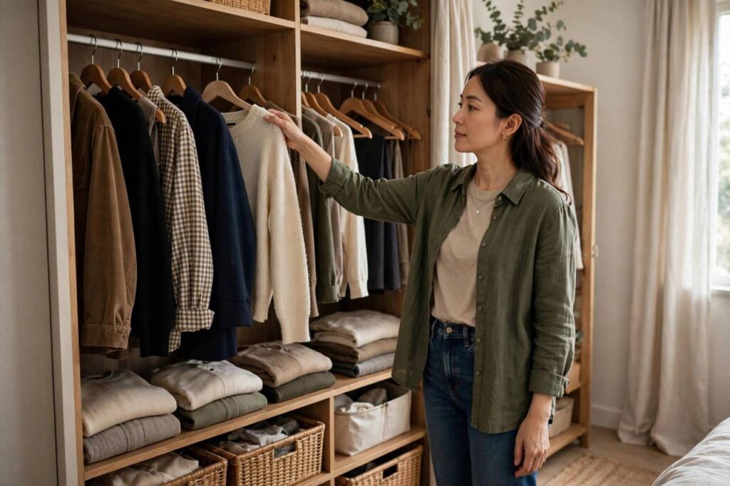 Woman choosing outfit from organized wardrobe
