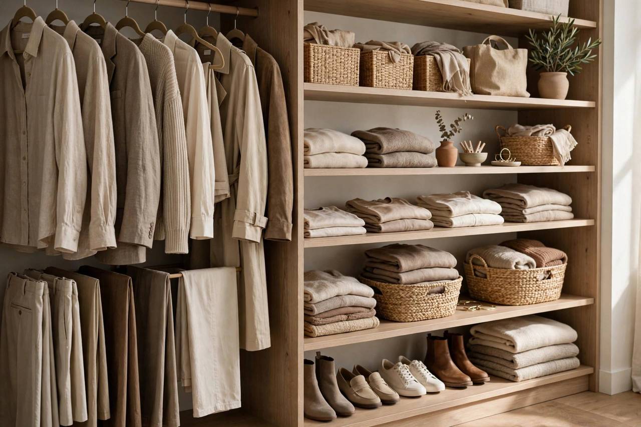 Woman's curated closet with coordinated neutral clothing