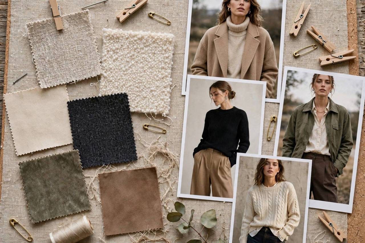 Fashion mood board with fabric swatches and outfit photos