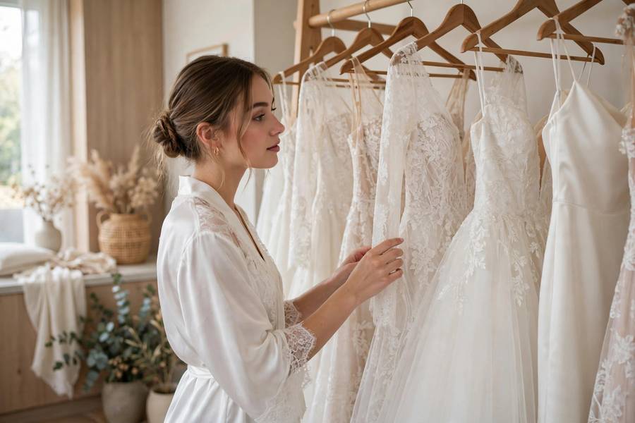 Bride browsing wedding dresses on a rack