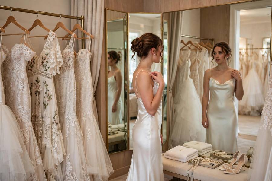 Bride trying different dress styles