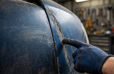 A mechanic assessing different types of scratches on a car fender