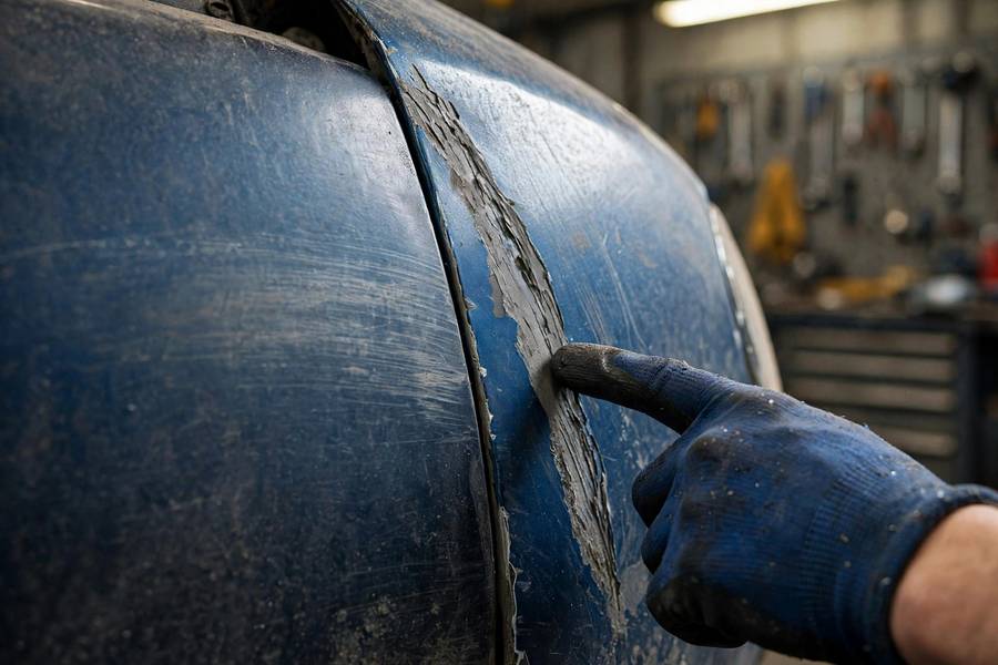 A mechanic assessing different types of scratches on a car fender