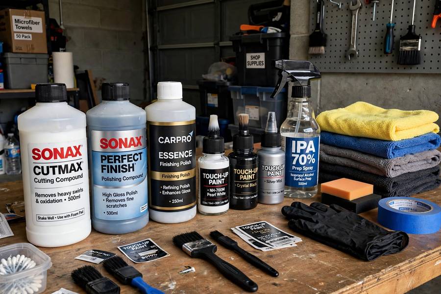 Car scratch repair products arranged on a workbench