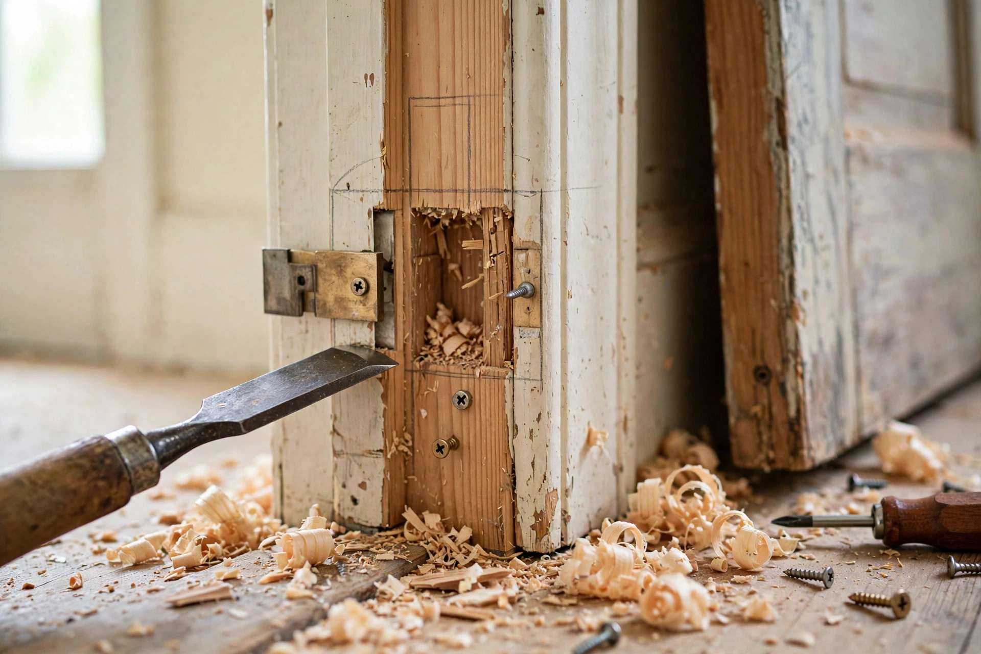 Strike plate being repositioned with a chisel on a door frame