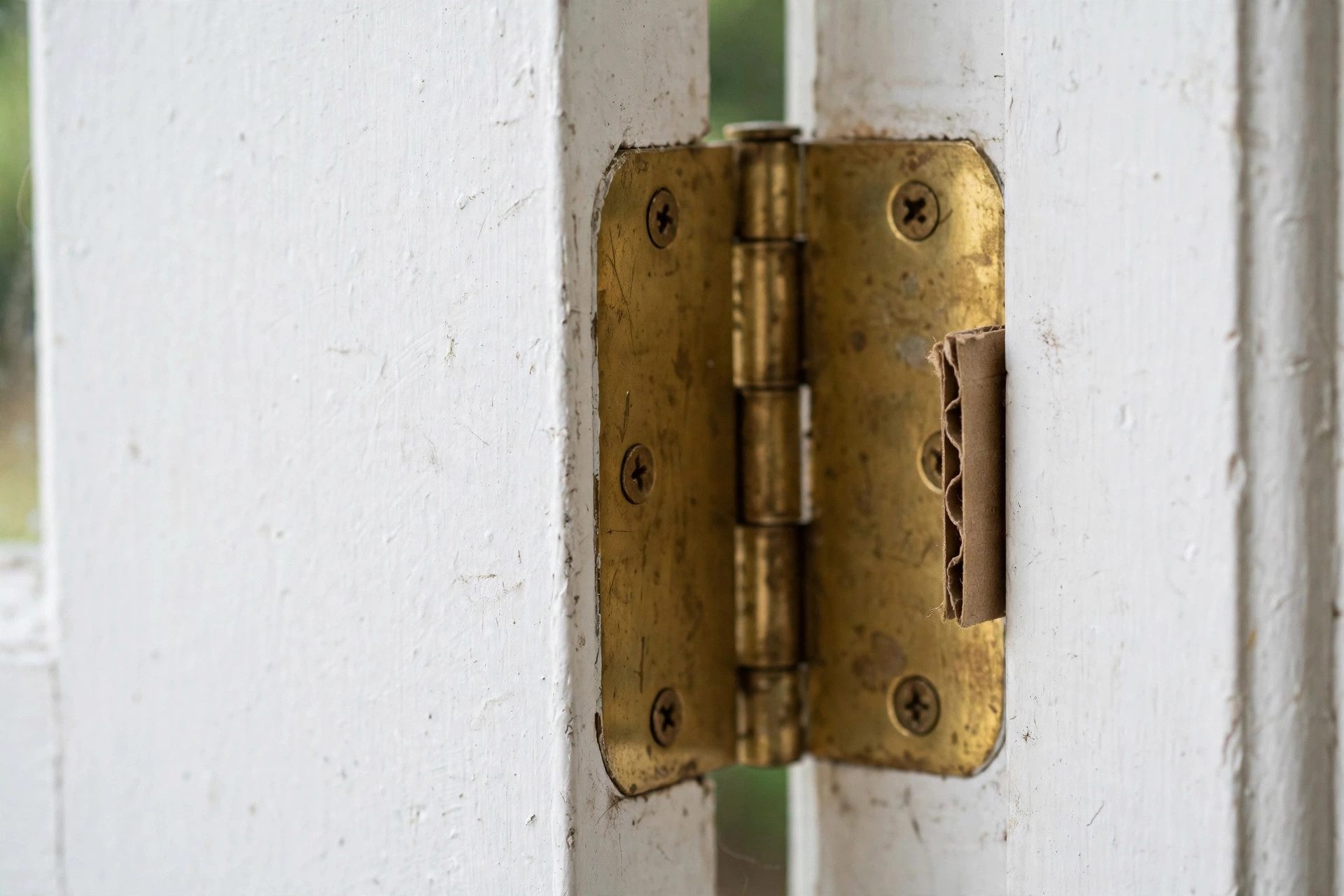 Door hinge with cardboard shim behind the leaf