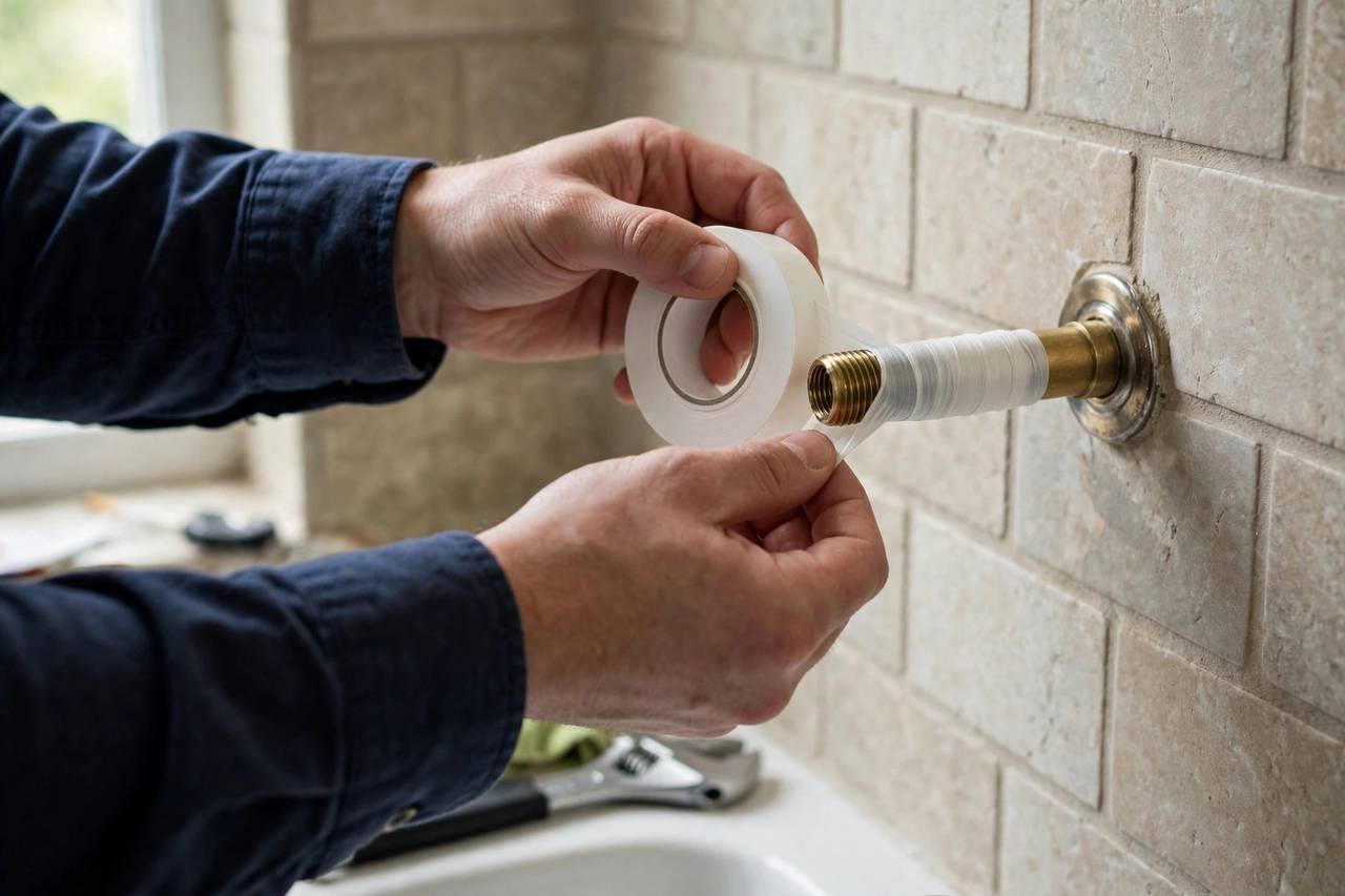 Hands wrapping white Teflon tape clockwise around shower arm threads during repair
