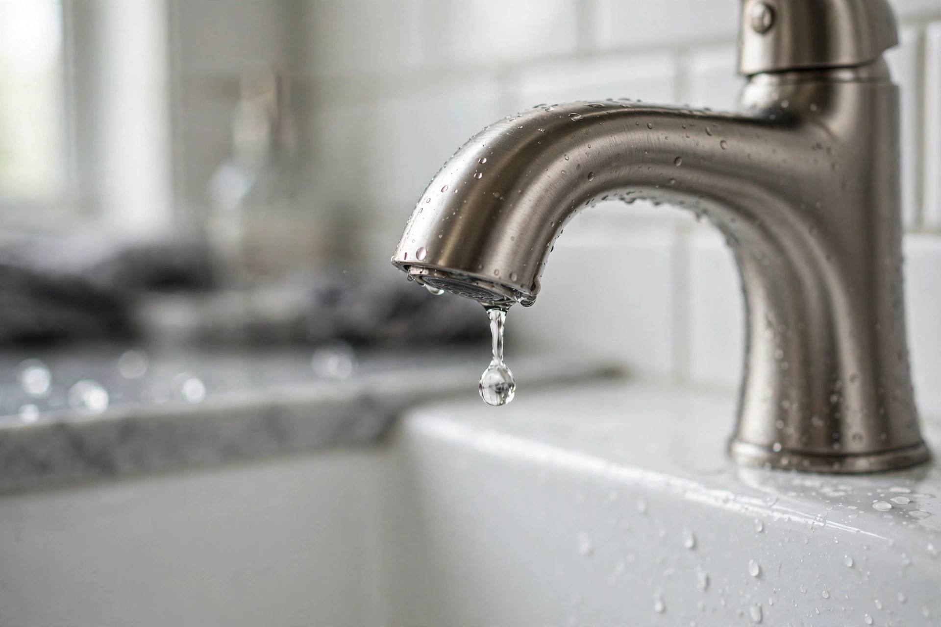 Water dripping from a bathroom faucet spout