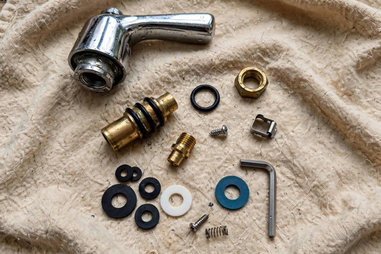 Close-up of faucet handle parts laid out on a towel