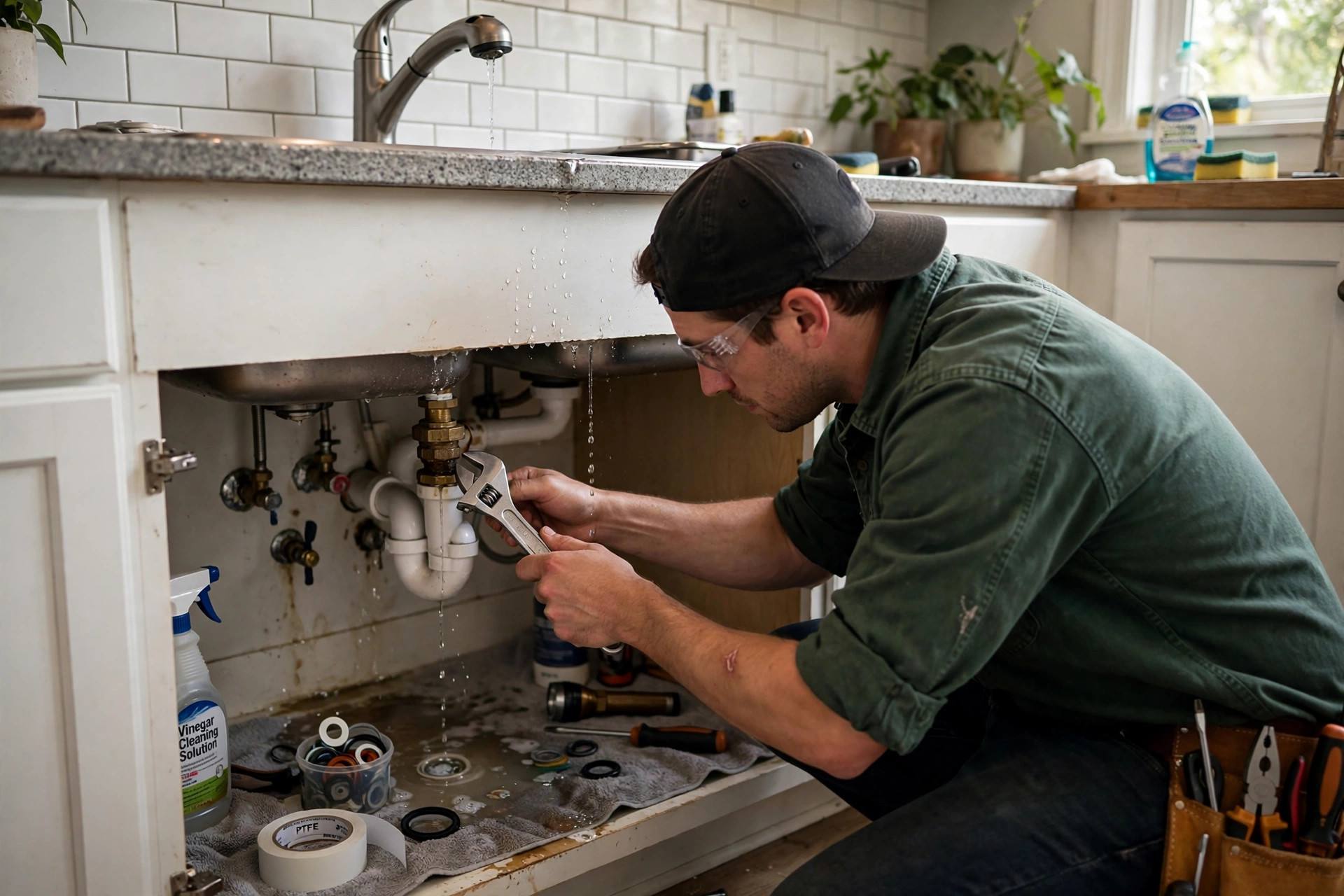 Person repairing a leaky kitchen faucet with a wrench