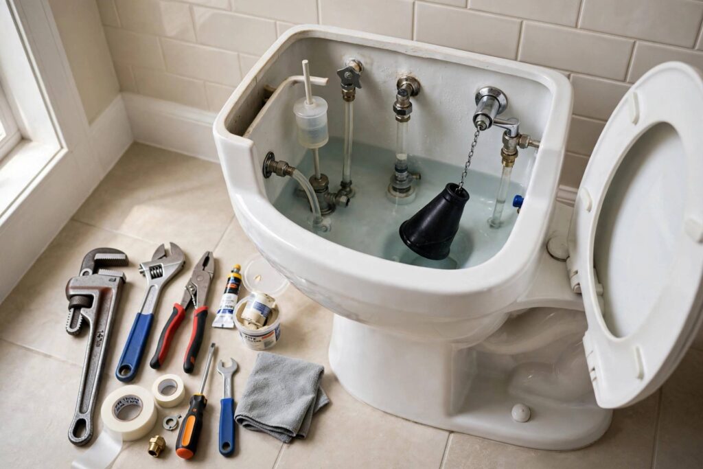 Plumber tools next to an open toilet tank