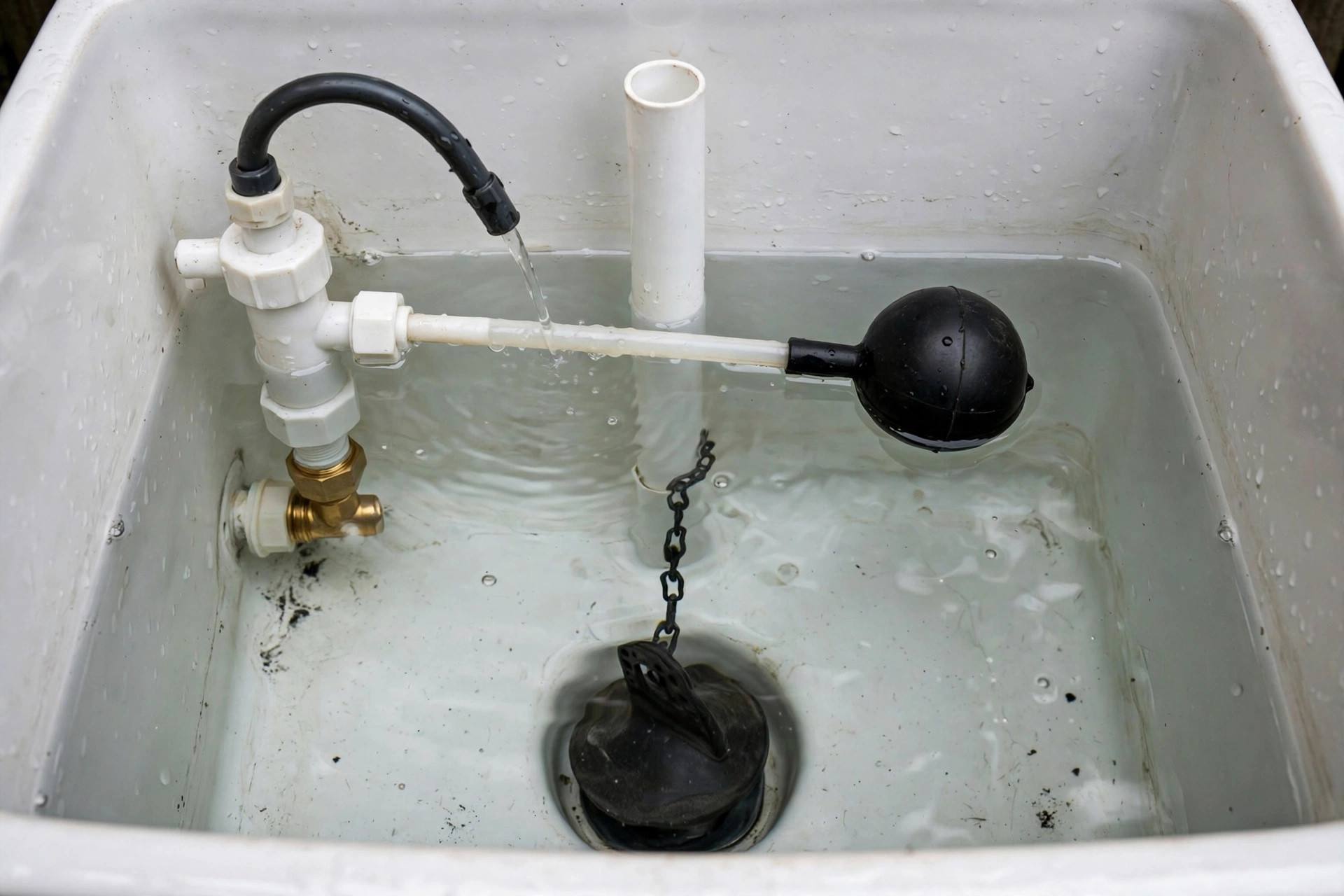 Inside of a toilet tank showing fill valve flapper and float