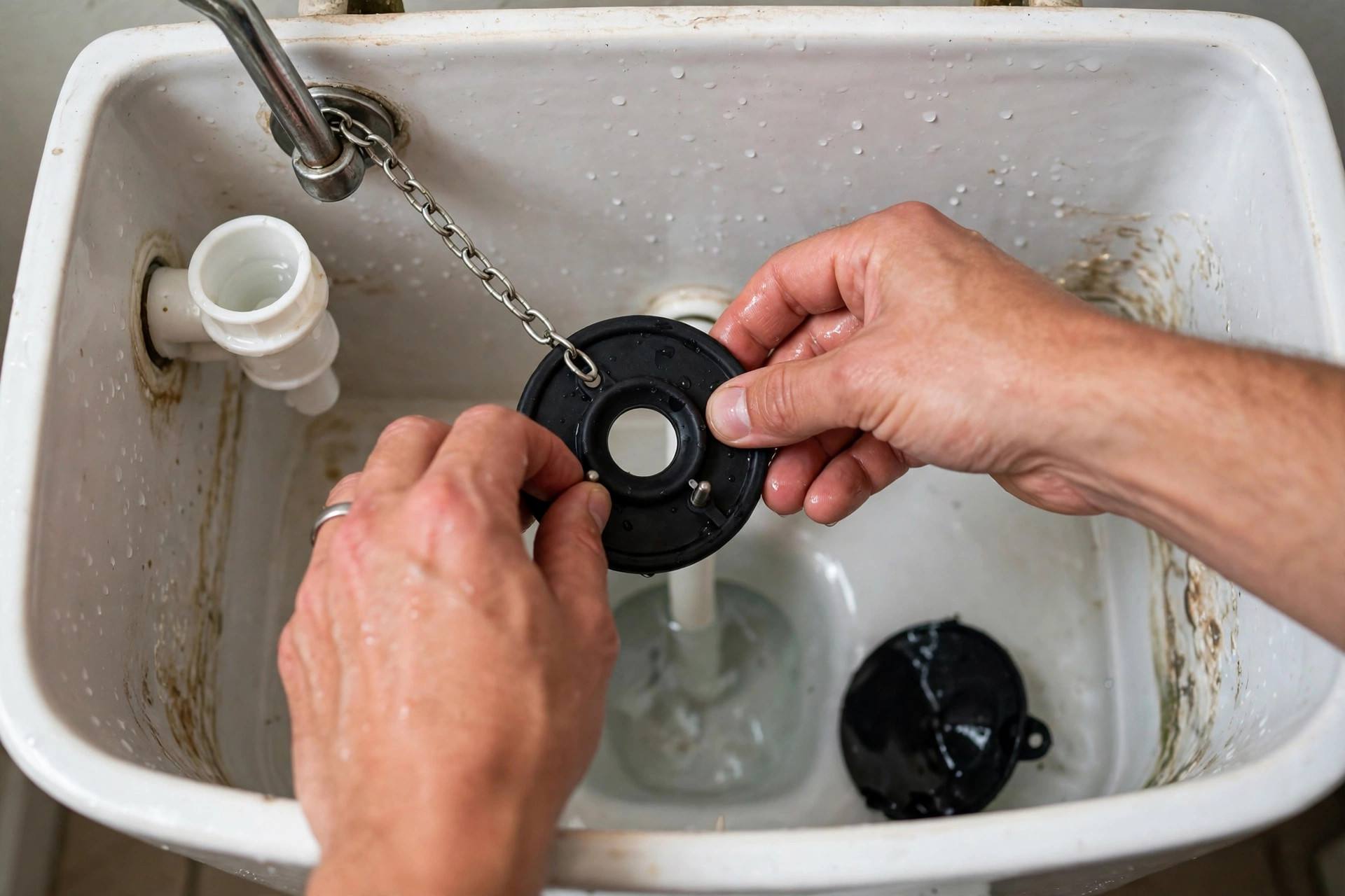 Hands replacing a toilet flapper inside the tank