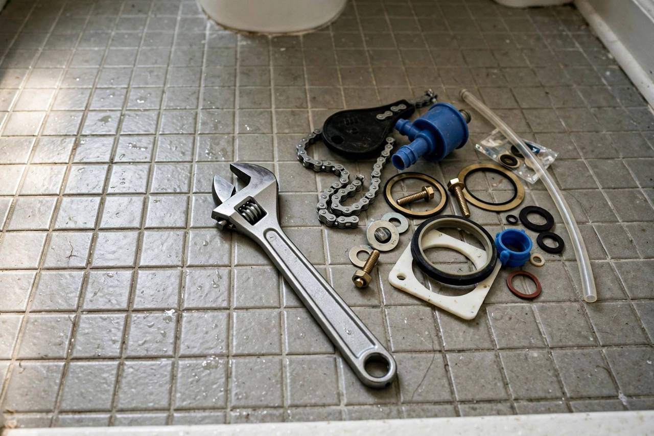 Adjustable wrench and toilet repair parts on bathroom floor