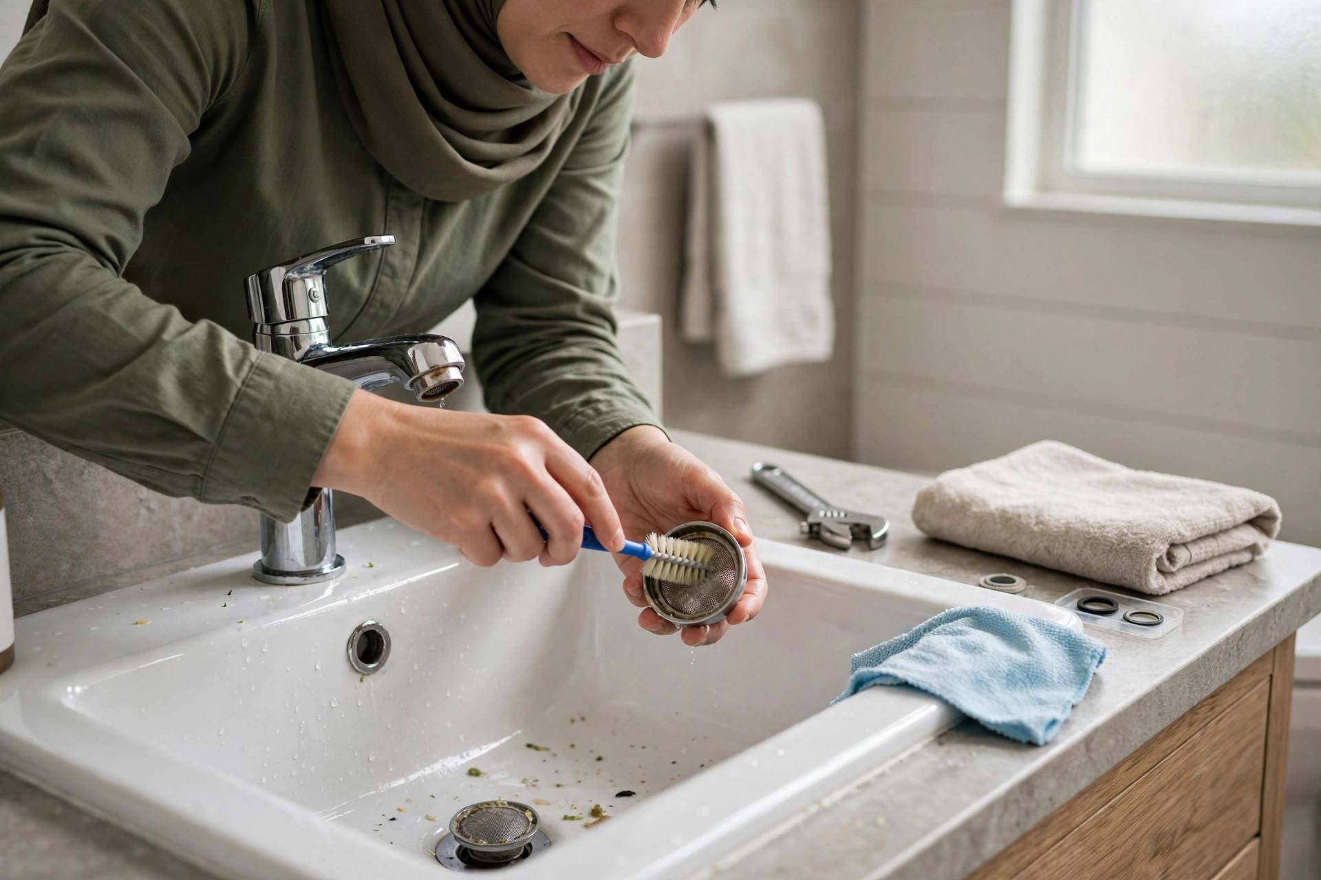 Hands cleaning a faucet aerator screen over a bathroom sink during a repair