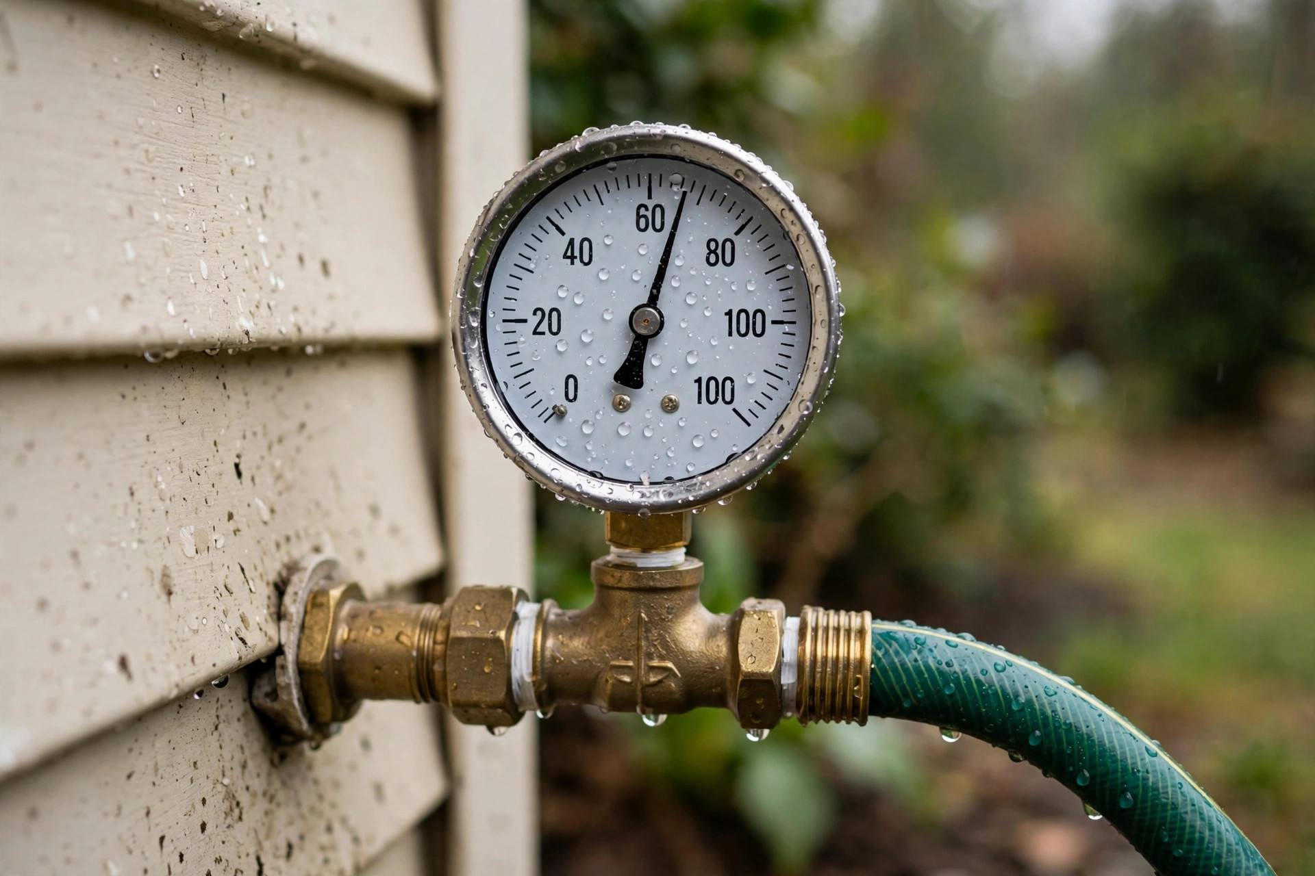 Water pressure gauge attached to an outdoor hose faucet showing the reading