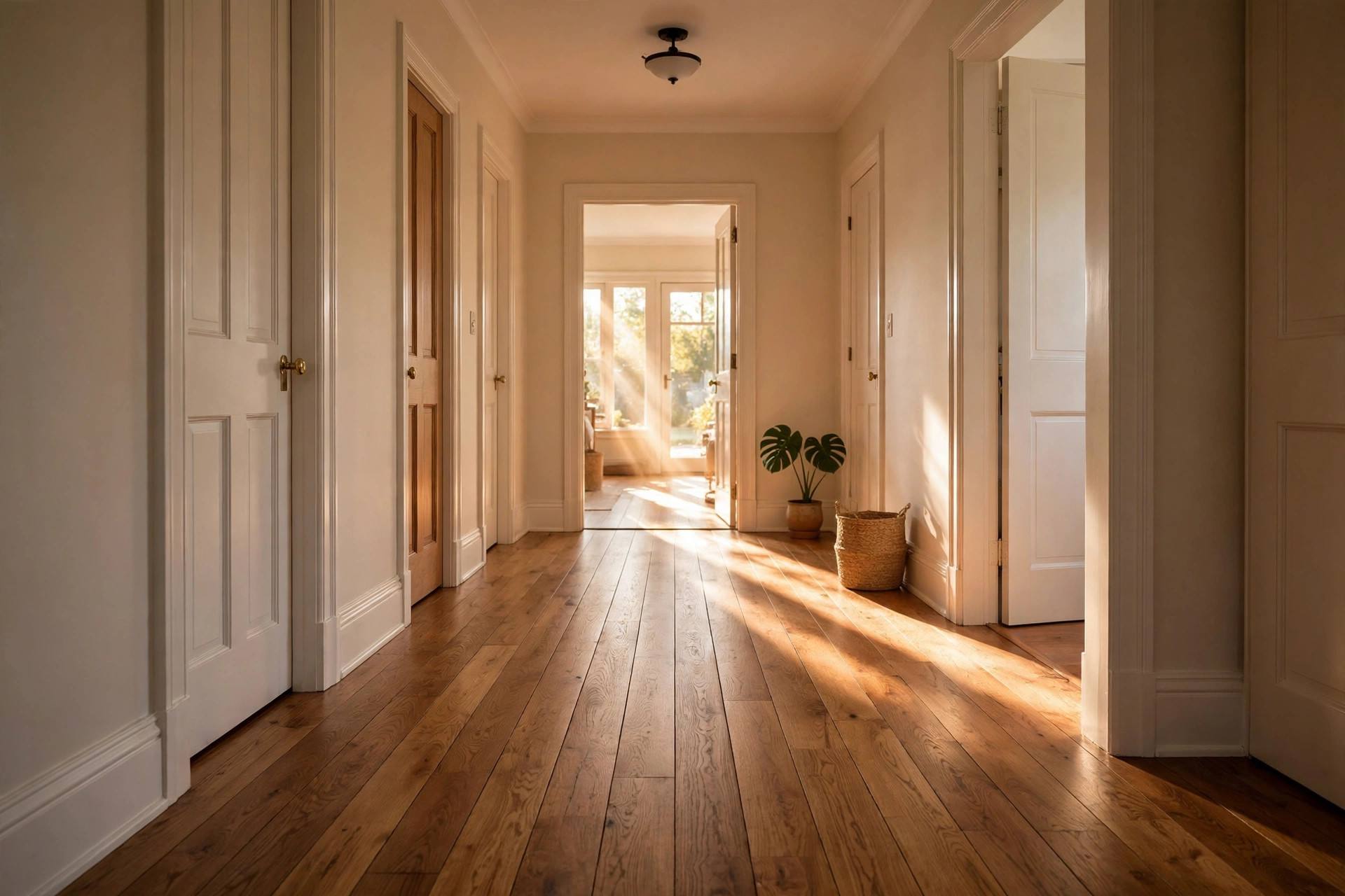 Hardwood floorboards in a home hallway with warm natural light