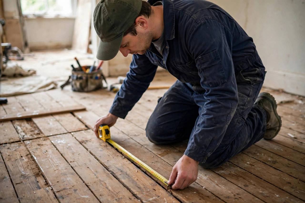 Person in work clothes kneeling to inspect wooden floorboards closely