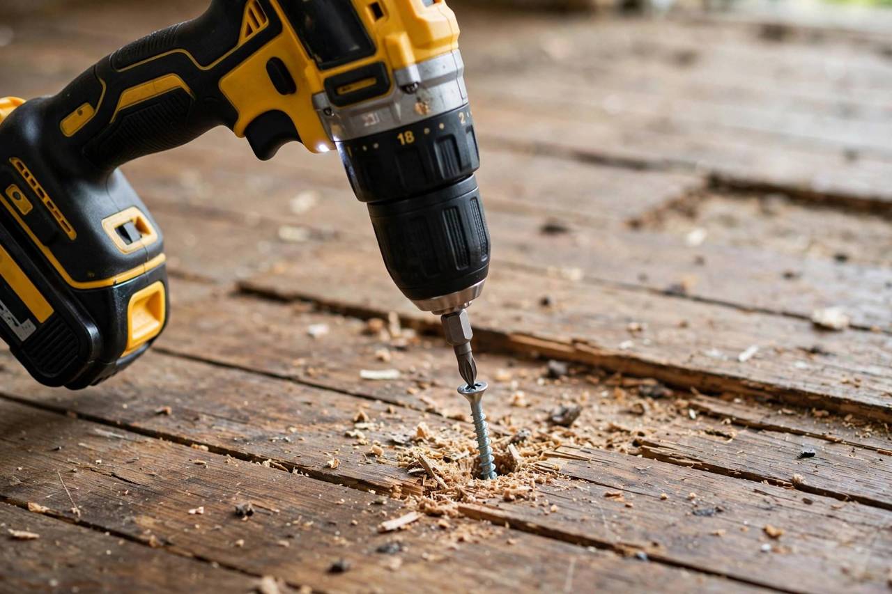 Drill driving a screw into wooden floorboards during repair