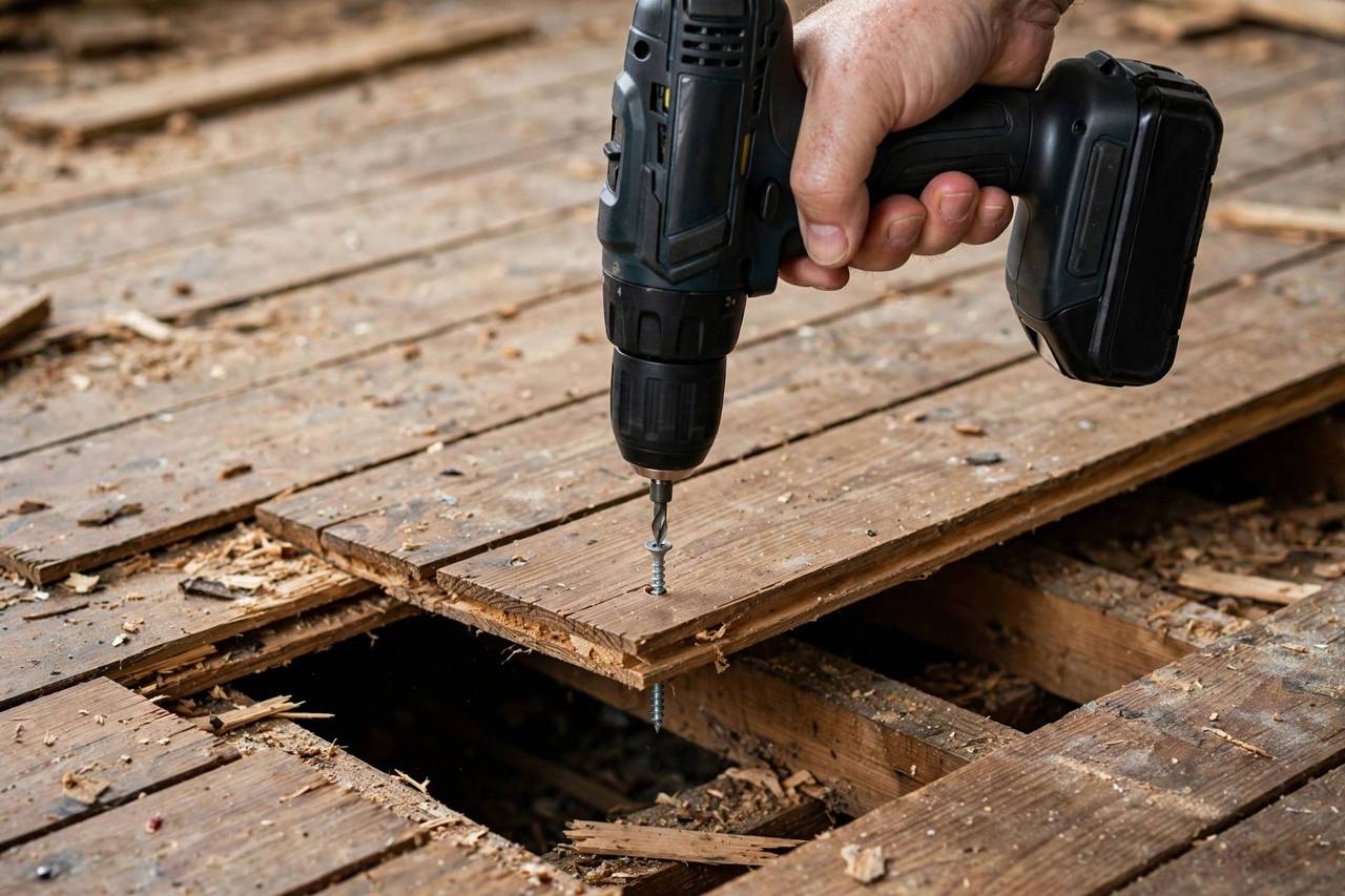 Hand using a drill to secure a loose floorboard